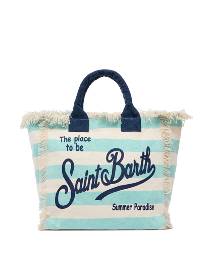 Cotton canvas Vanity tote bag with water green striped print - MC2 Saint Barth