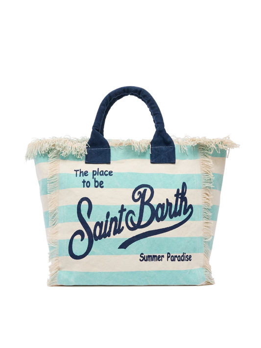 Cotton canvas Vanity tote bag with water green striped print - MC2 Saint Barth
