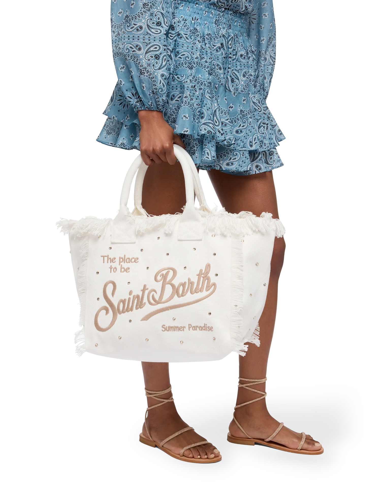 Off-white cotton canvas Vanity tote bag with stud embellishment - MC2 Saint Barth