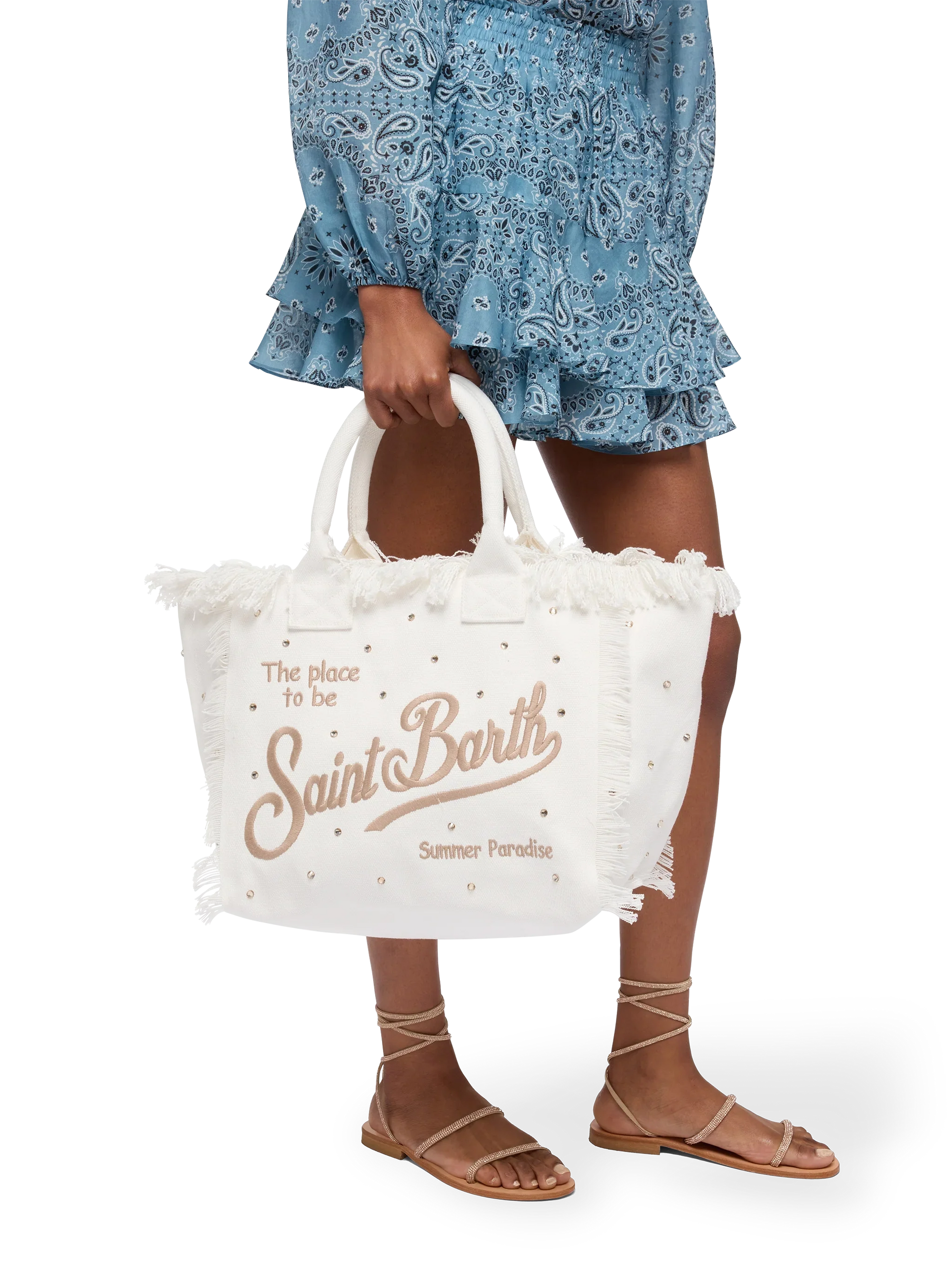 Off-white cotton canvas Vanity tote bag with stud embellishment - MC2 Saint Barth