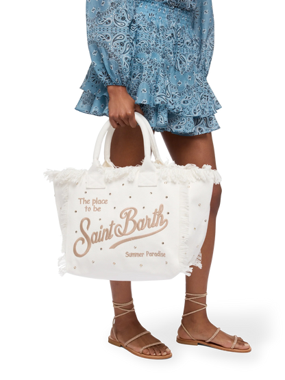 Off-white cotton canvas Vanity tote bag with stud embellishment - MC2 Saint Barth