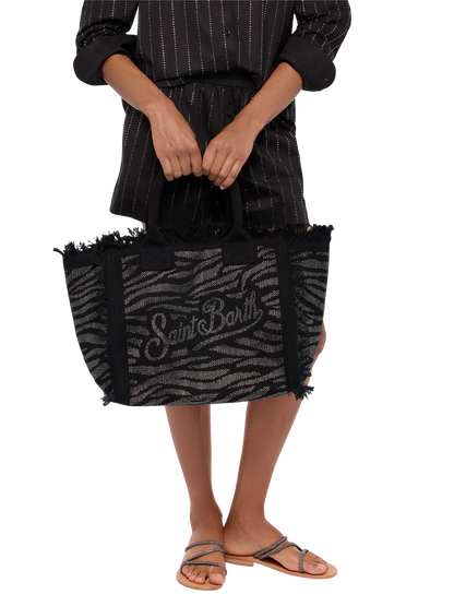 Black cotton canvas Vanity tote bag with zebra rhinestone embellishment - MC2 Saint Barth