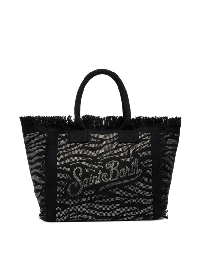 Black cotton canvas Vanity tote bag with zebra rhinestone embellishment - MC2 Saint Barth