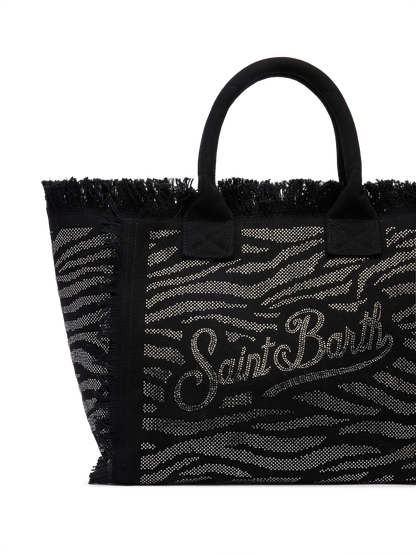 Black cotton canvas Vanity tote bag with zebra rhinestone embellishment - MC2 Saint Barth