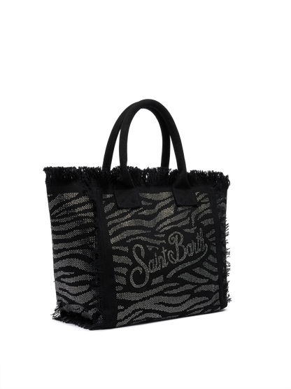 Black cotton canvas Vanity tote bag with zebra rhinestone embellishment - MC2 Saint Barth