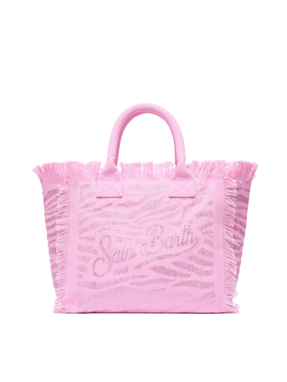 Pink cotton canvas Vanity tote bag with zebra rhinestone embellishment