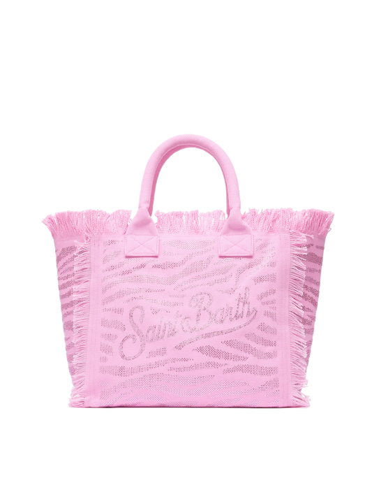 Pink cotton canvas Vanity tote bag with zebra rhinestone embellishment