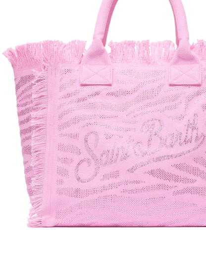 Pink cotton canvas Vanity tote bag with zebra rhinestone embellishment