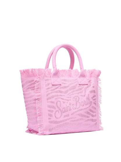 Pink cotton canvas Vanity tote bag with zebra rhinestone embellishment