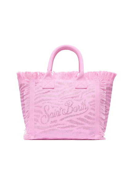 Pink cotton canvas Vanity tote bag with zebra rhinestone embellishment