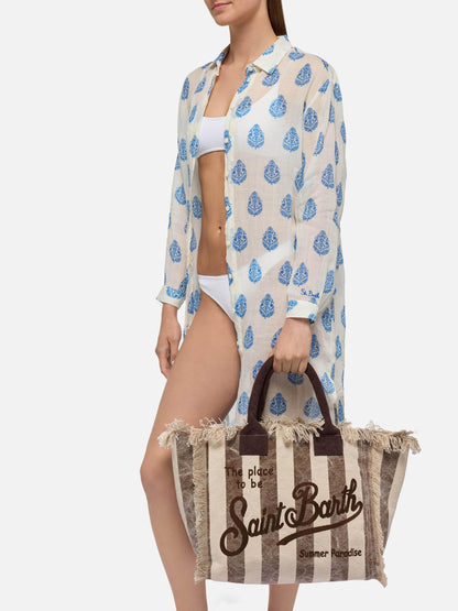 Borsa a spalla Vanity in canvas di cotone con stampa a righe marroni