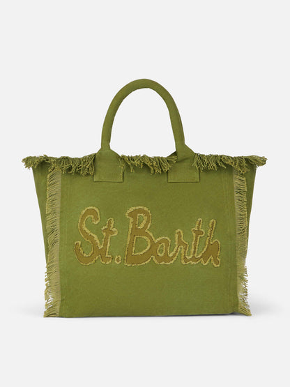 Military green cotton canvas Vanity tote bag with logo patch