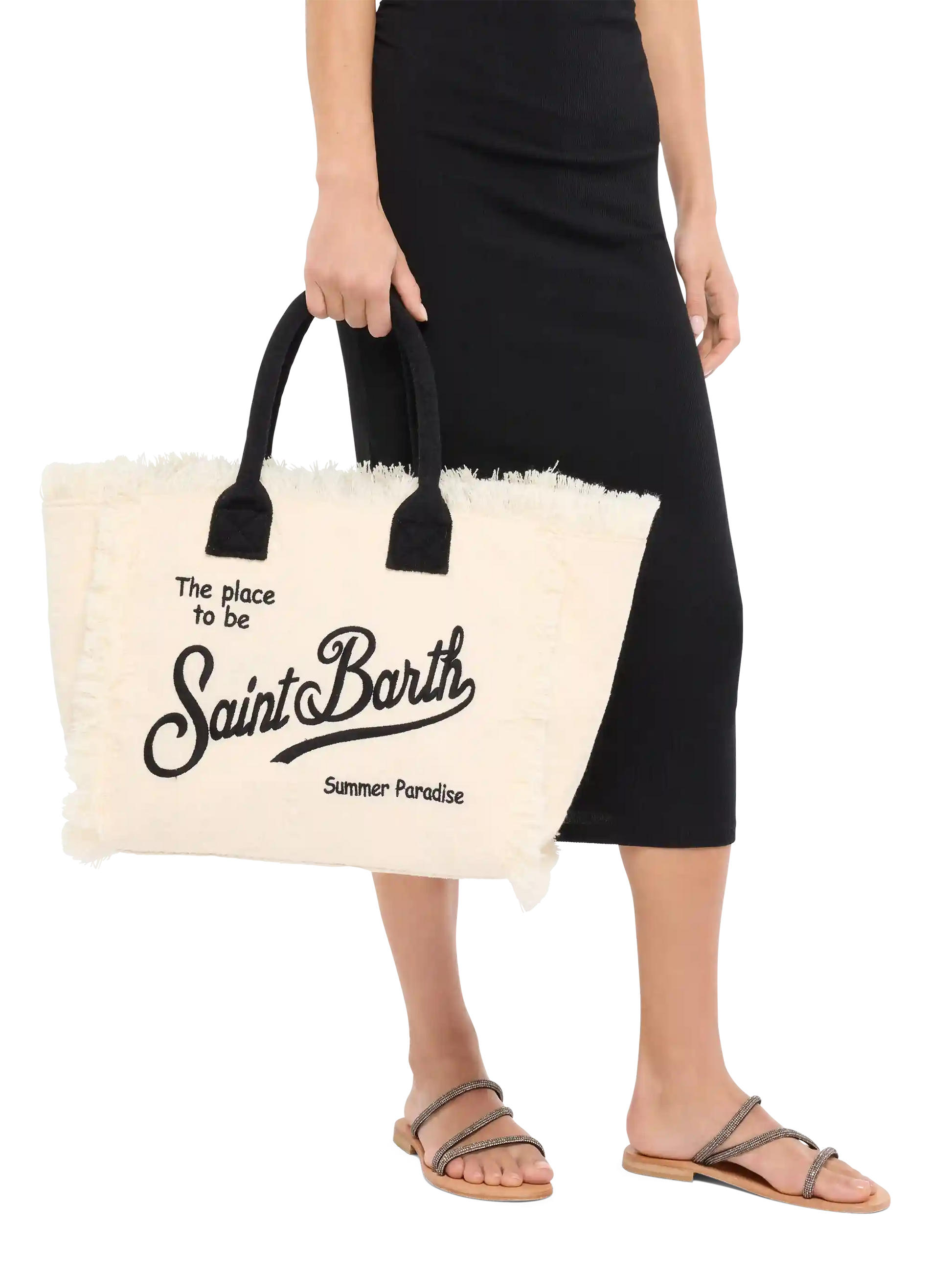 Off-white terry embossed Vanity Sponge tote bag with black details - MC2 Saint Barth