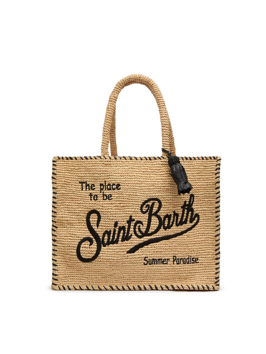Natural beige Vanity Raffia shoulder bag with black trim