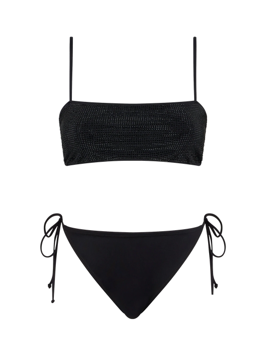 Woman black bandeau bikini with rhinestones