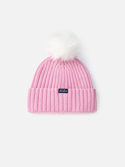 Woman pink ribbed hat Wengen with Cortina embroidery