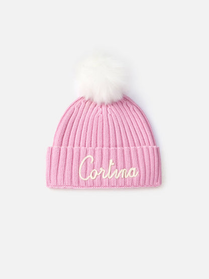 Woman pink ribbed hat Wengen with Cortina embroidery
