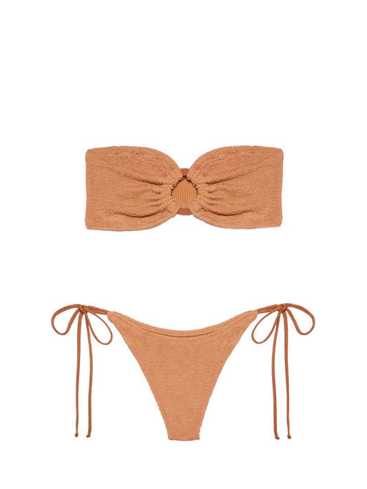 Yulia Norah caramel brown crinkle bikini with bandeau top and cheekiest briefs