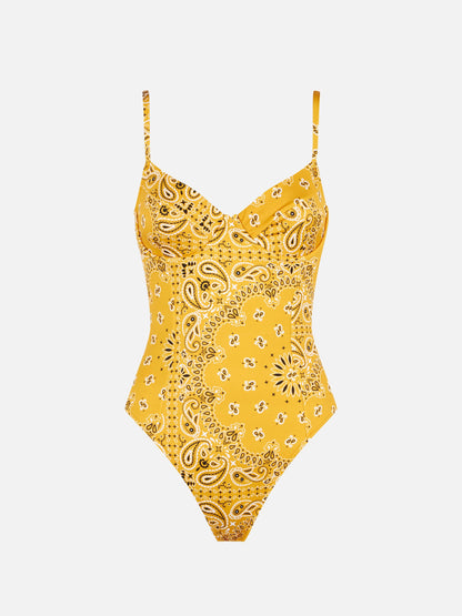 Woman underwire one piece swimsuit with bandanna print