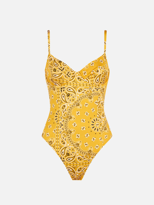 Woman underwire one piece swimsuit with bandanna print