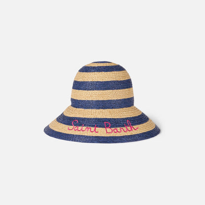 Woman straw bucket with front embroidery and stripes